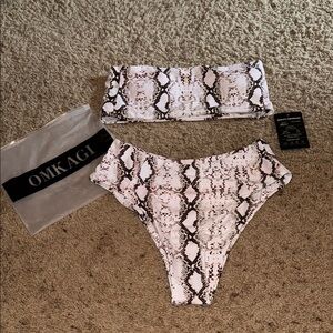 OMKAGI Cream and Black Snakeskin Print Bikini Set size medium new with tags